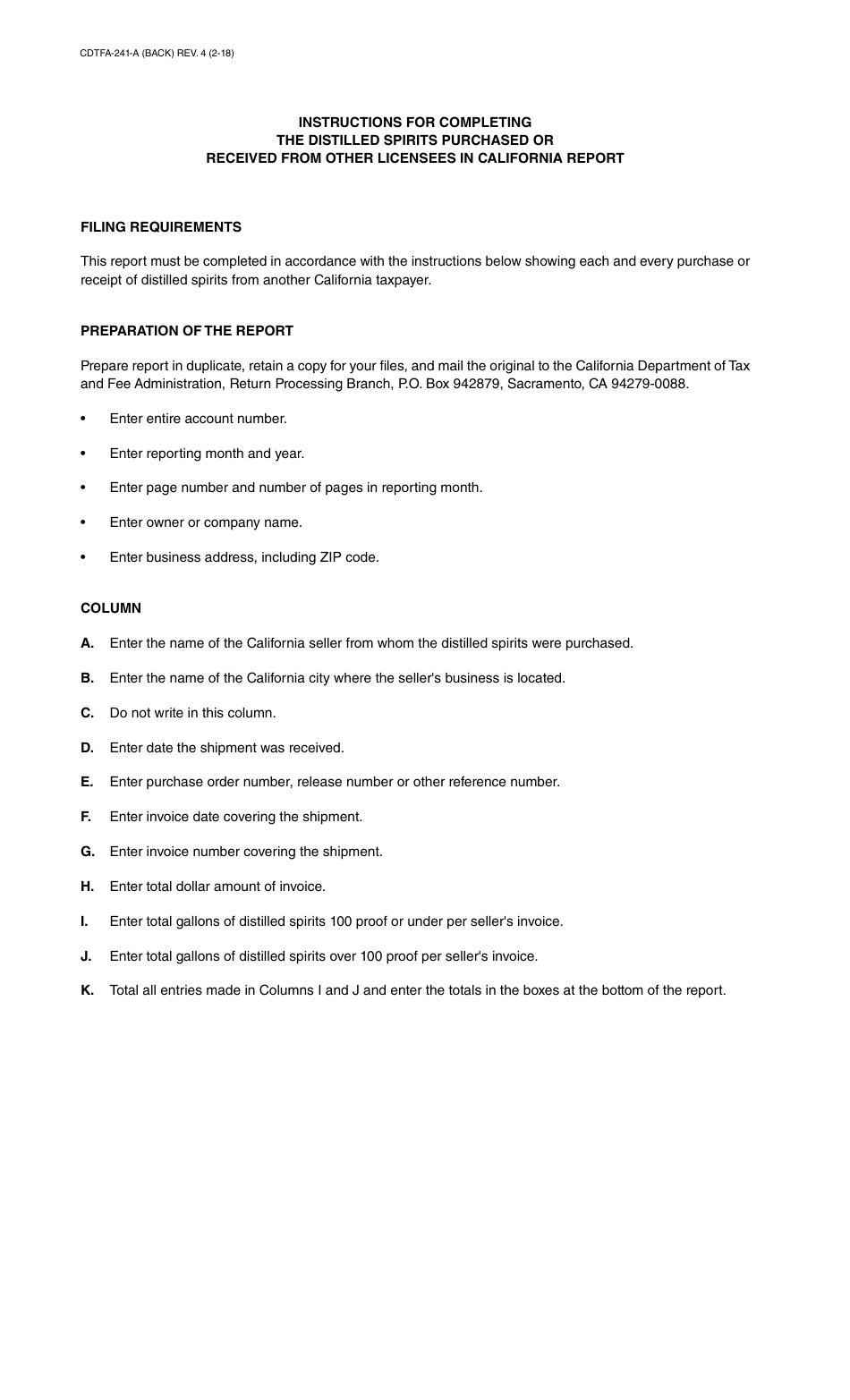 Form CDTFA-241-A Distilled Spirits Purchased or Received From Other Licensees in California - California, Page 2