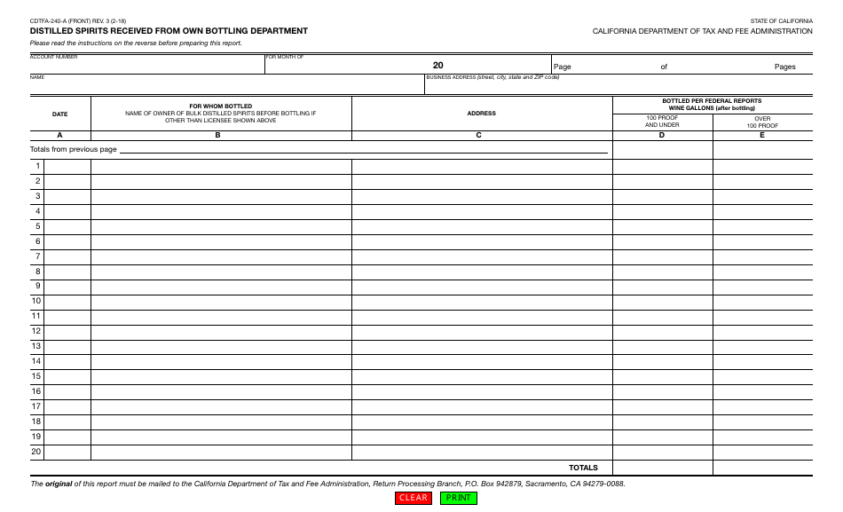 Form CDTFA-240-A Distilled Spirits Received From Own Bottling Department - California, Page 1
