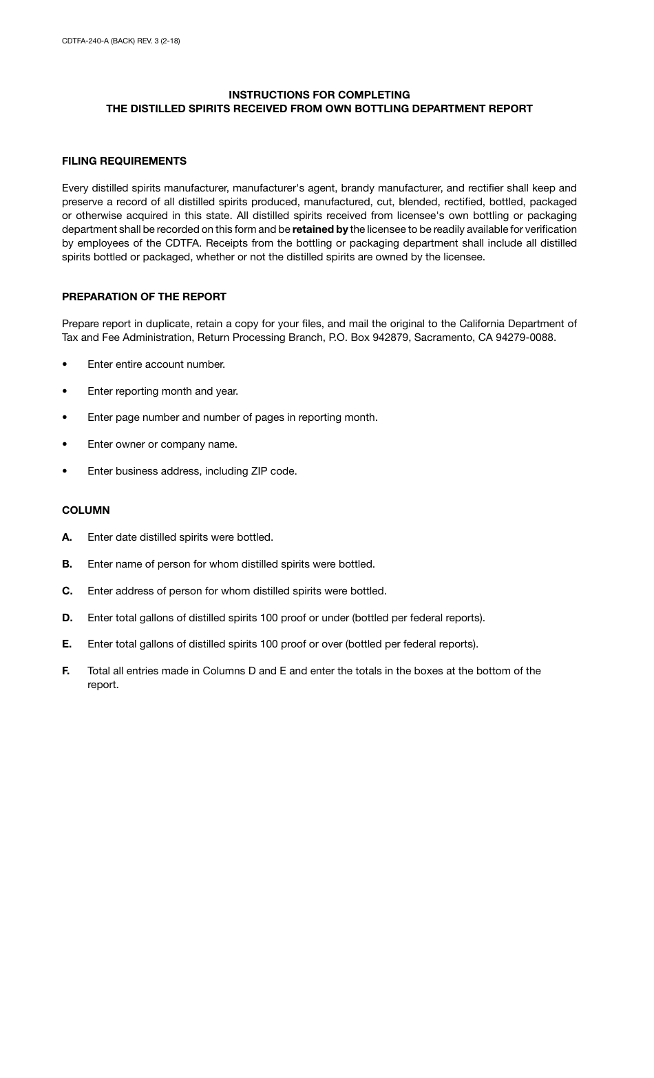 Form CDTFA-240-A Distilled Spirits Received From Own Bottling Department - California, Page 2