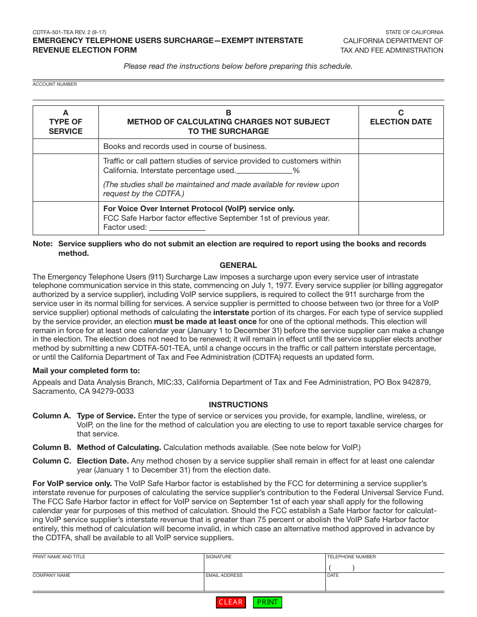 Form CDTFA-501-TEA Emergency Telephone Users Surchargeexempt Interstate Revenue Election Form - California, Page 1