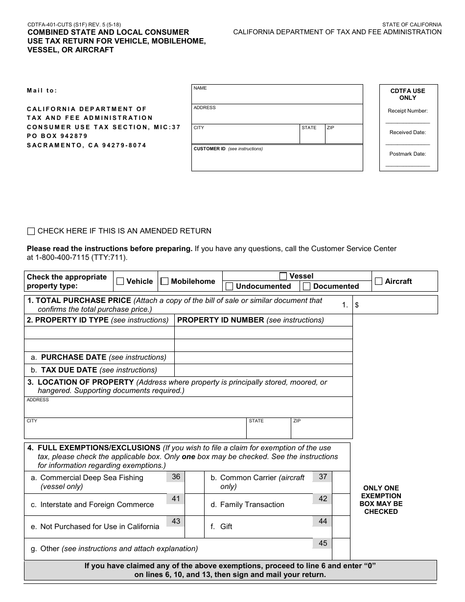 Form CDTFA-401-CUTS Combined State and Local Consumer Use Tax Return for Vehicle, Mobilehome, Vessel, or Aircraft - California, Page 1