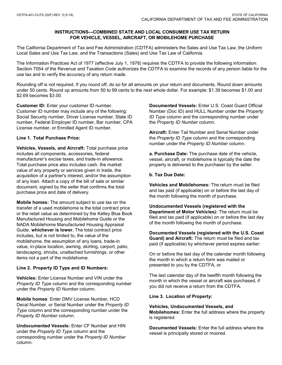 Form CDTFA-401-CUTS Combined State and Local Consumer Use Tax Return for Vehicle, Mobilehome, Vessel, or Aircraft - California, Page 3