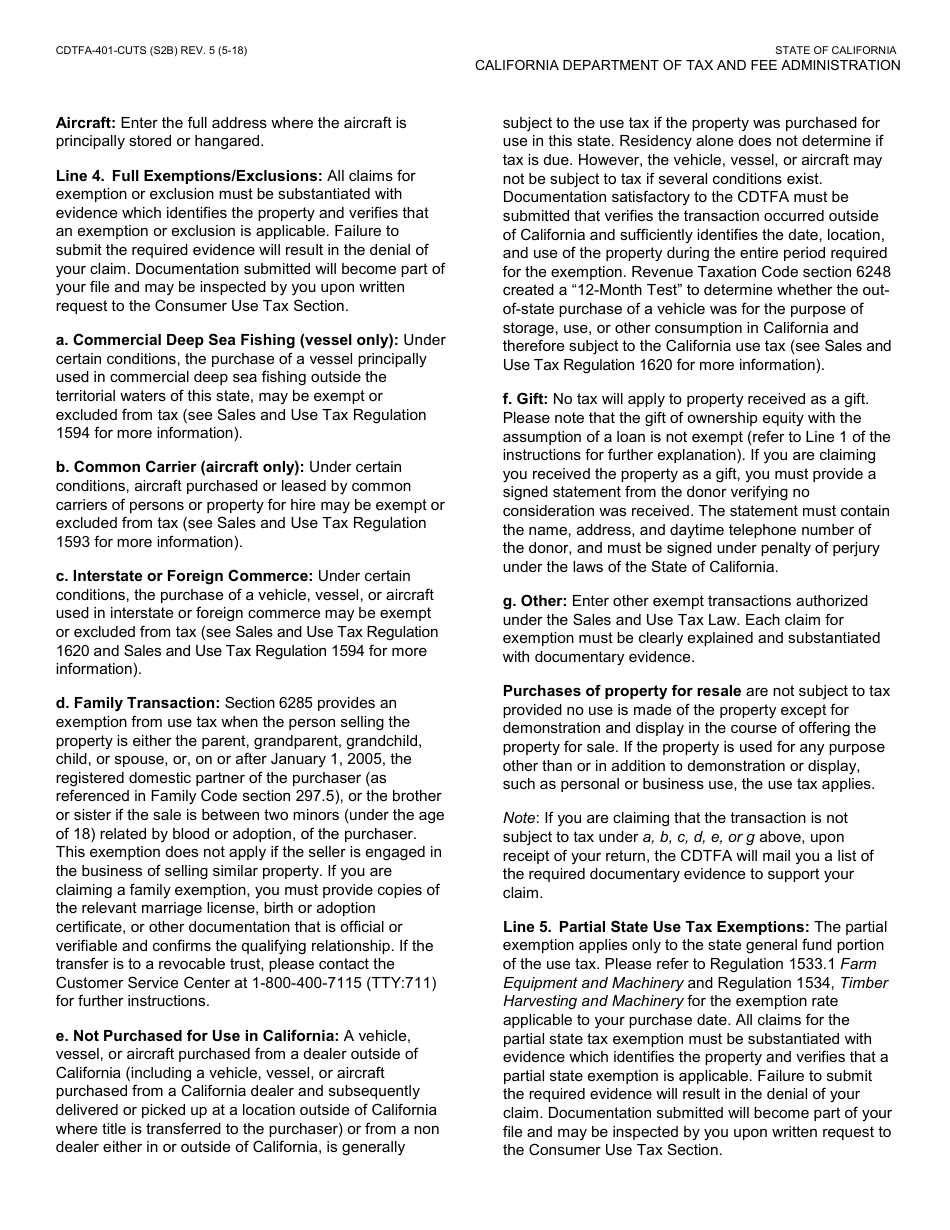 Form CDTFA-401-CUTS Combined State and Local Consumer Use Tax Return for Vehicle, Mobilehome, Vessel, or Aircraft - California, Page 4