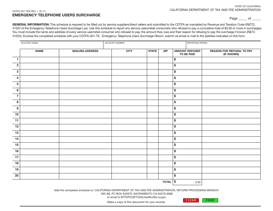 DTSC Form CDTFA-507-TEA Emergency Telephone Users Surcharge - California, Page 1