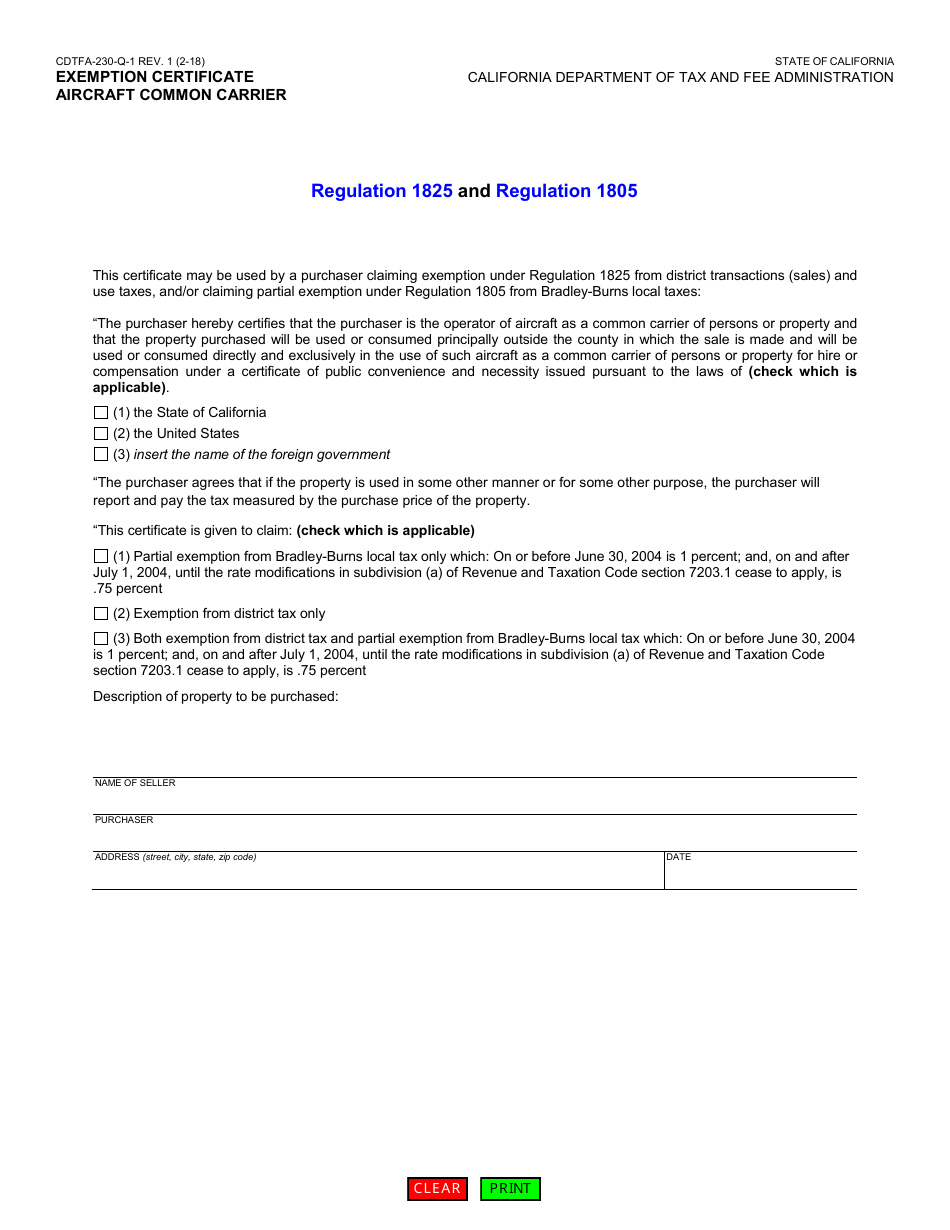 Form CDTFA-230-Q-1 Exemption Certificate - Aircraft Common Carrier - California, Page 1