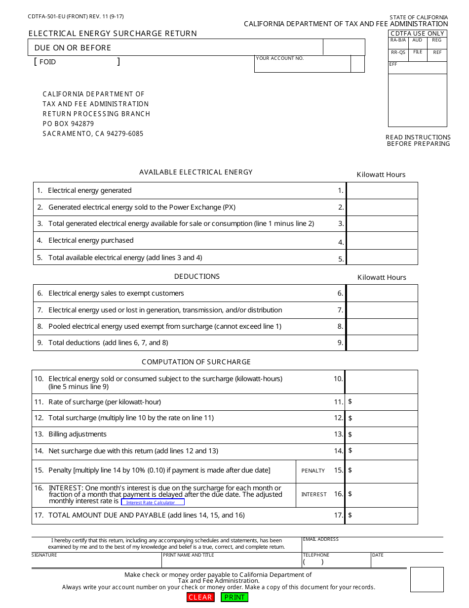 Form CDTFA-501-EU Electrical Energy Surcharge Return - California, Page 1