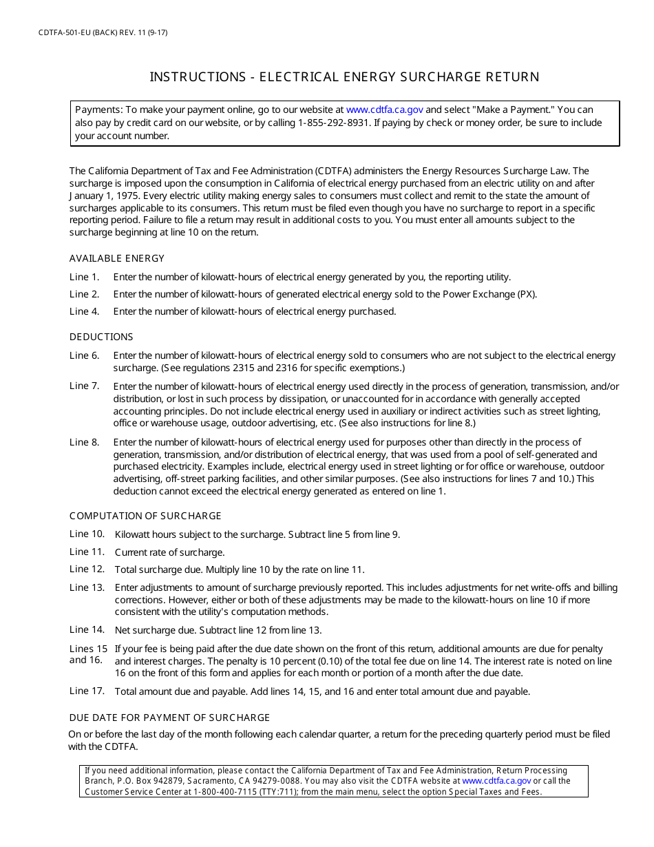 Form CDTFA-501-EU Electrical Energy Surcharge Return - California, Page 2