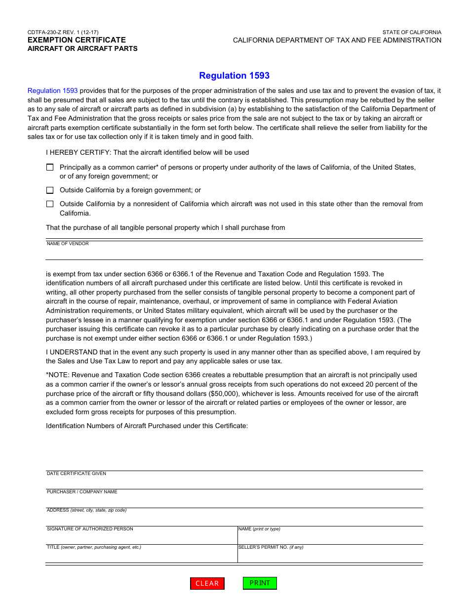 Form CDTFA-230-Z Exemption Certificate - Aircraft or Aircraft Parts - California, Page 1