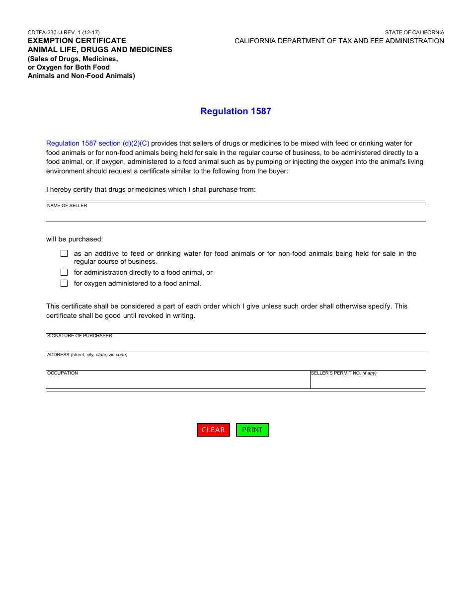 Form CDTFA-230-U Exemption Certificate Animal Life, Drugs and Medicines (Sales of Drugs, Medicines, or Oxygen for Both Food Animals and Non-food Animals) - California, Page 1