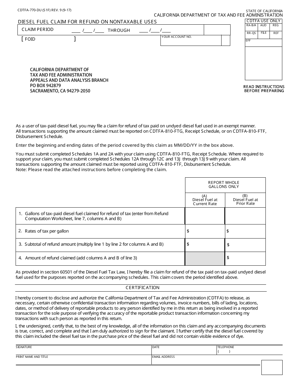 Form CDTFA-770-DU Diesel Fuel Claim for Refund on Nontaxable Uses - California, Page 1