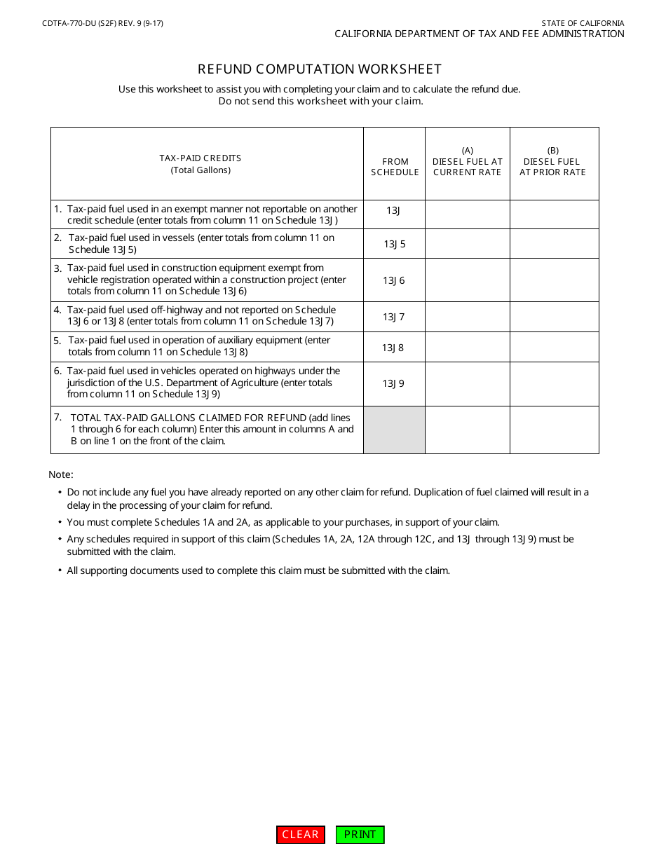 Form CDTFA-770-DU Diesel Fuel Claim for Refund on Nontaxable Uses - California, Page 3