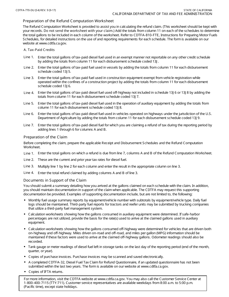 Form CDTFA-770-DU Diesel Fuel Claim for Refund on Nontaxable Uses - California, Page 7