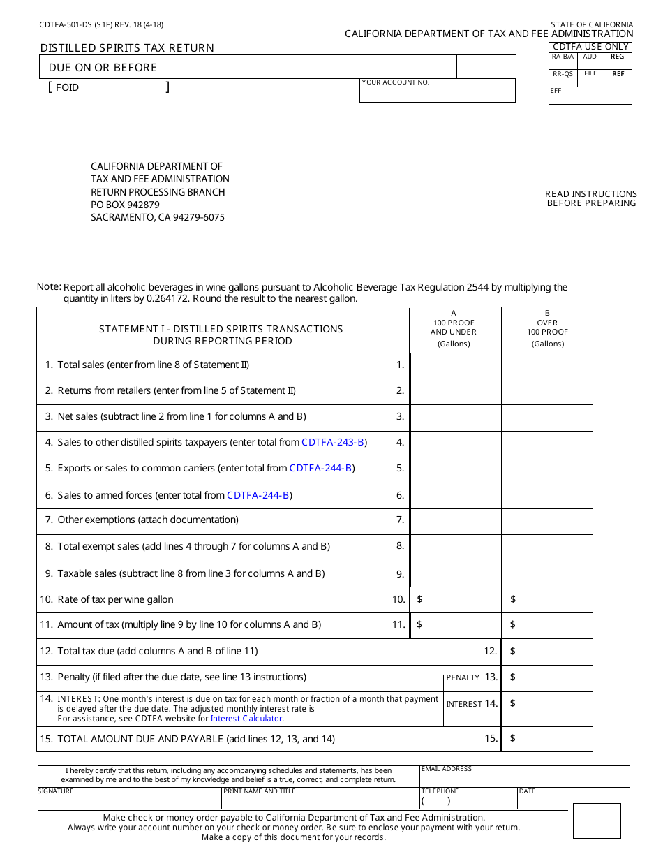 Form CDTFA-501-DS Distilled Spirits Tax Return - California, Page 1
