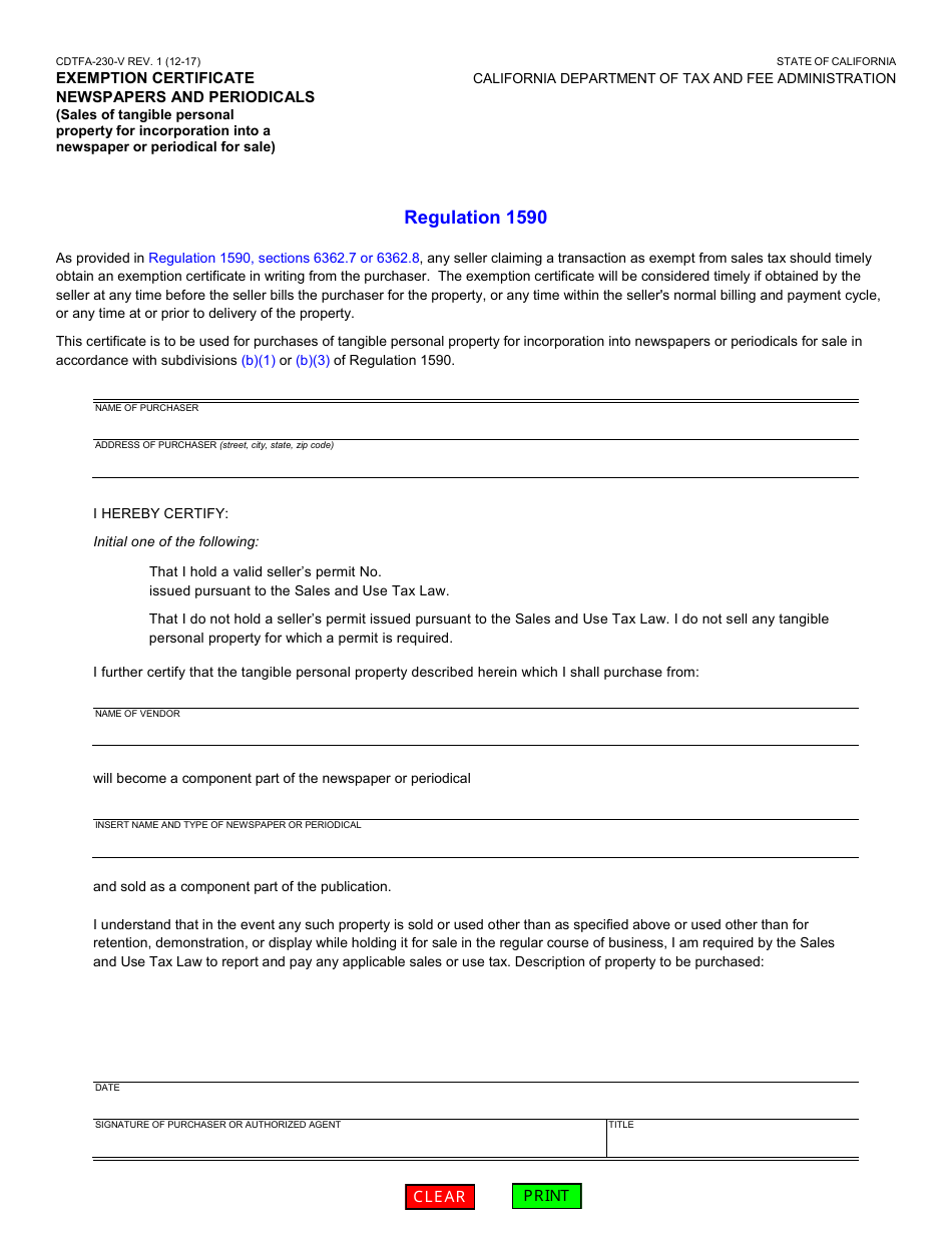 Form CDTFA-230-V Exemption Certificate Newspapers and Periodicals (Sales of Tangible Personal Property for Incorporation Into a Newspaper or Periodical for Sale) - California, Page 1
