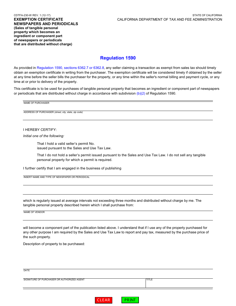 Form CDTFA-230-W Exemption Certificate Newspapers and Periodicals (Sales of Tangible Personal Property Which Becomes an Ingredient or Component Part of Newspapers or Periodicals That Are Distributed Without Charge) - California, Page 1