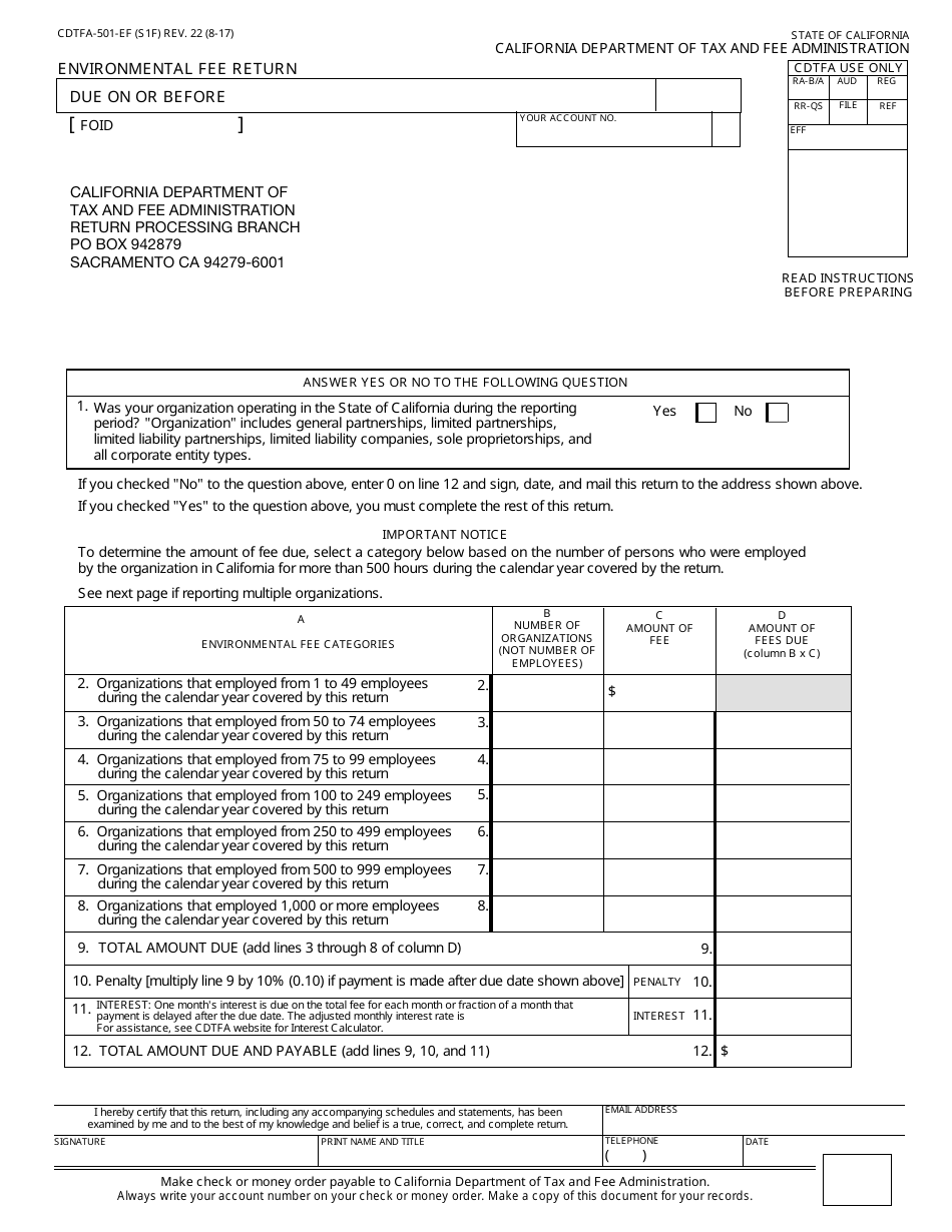 Form CDTFA-501-EF Environmental Fee Return - California, Page 1