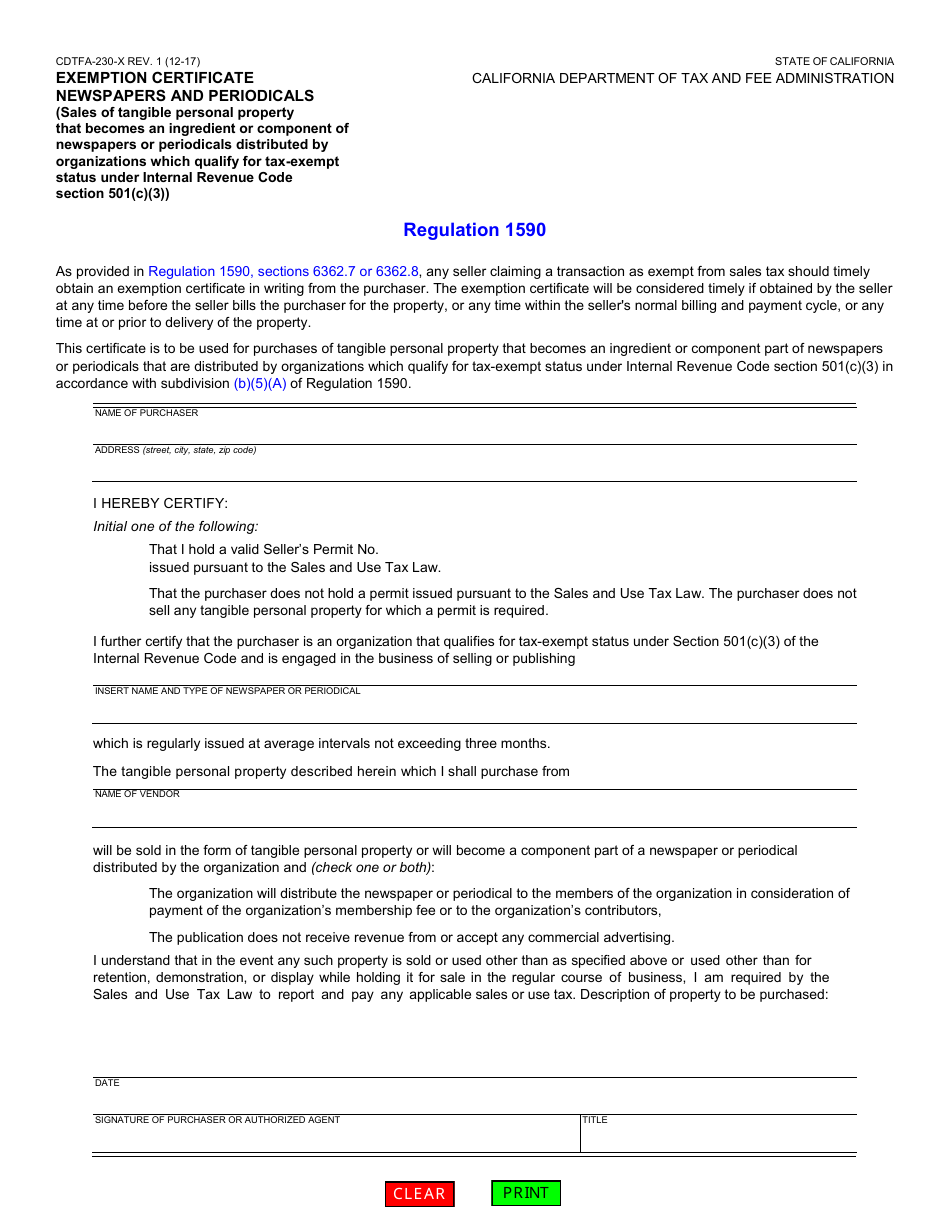 Form CDTFA-230-X Exemption Certificate Newspapers and Periodicals (Sales of Tangible Personal Property That Becomes an Ingredient or Component of Newspapers or Periodicals Distributed by Organizations Which Qualify for Tax-Exempt Status Under Internal Revenue Code Section 501(C)(3)) - California, Page 1