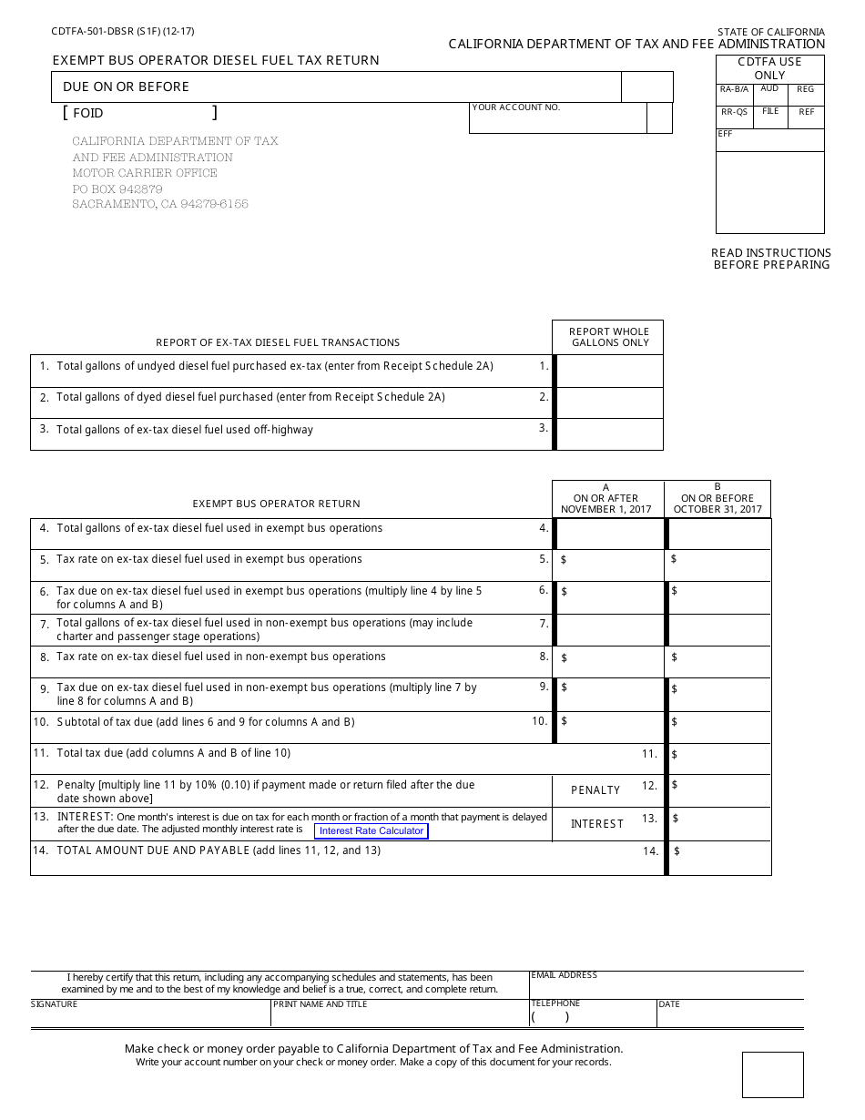 Form CDTFA-501-DBSR Exempt Bus Operator Diesel Fuel Tax Return - California, Page 1