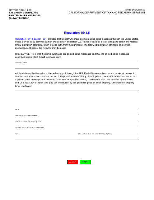 Form CDTFA-230-P  Printable Pdf