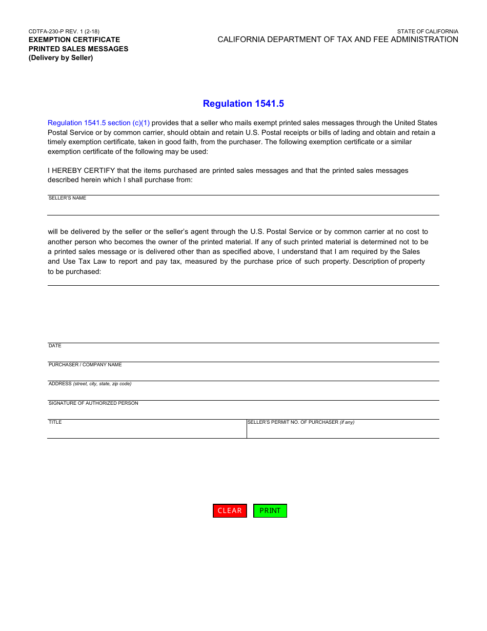 Form CDTFA-230-P Exemption Certificate - Printed Sales Messages (Delivery by Seller) - California, Page 1
