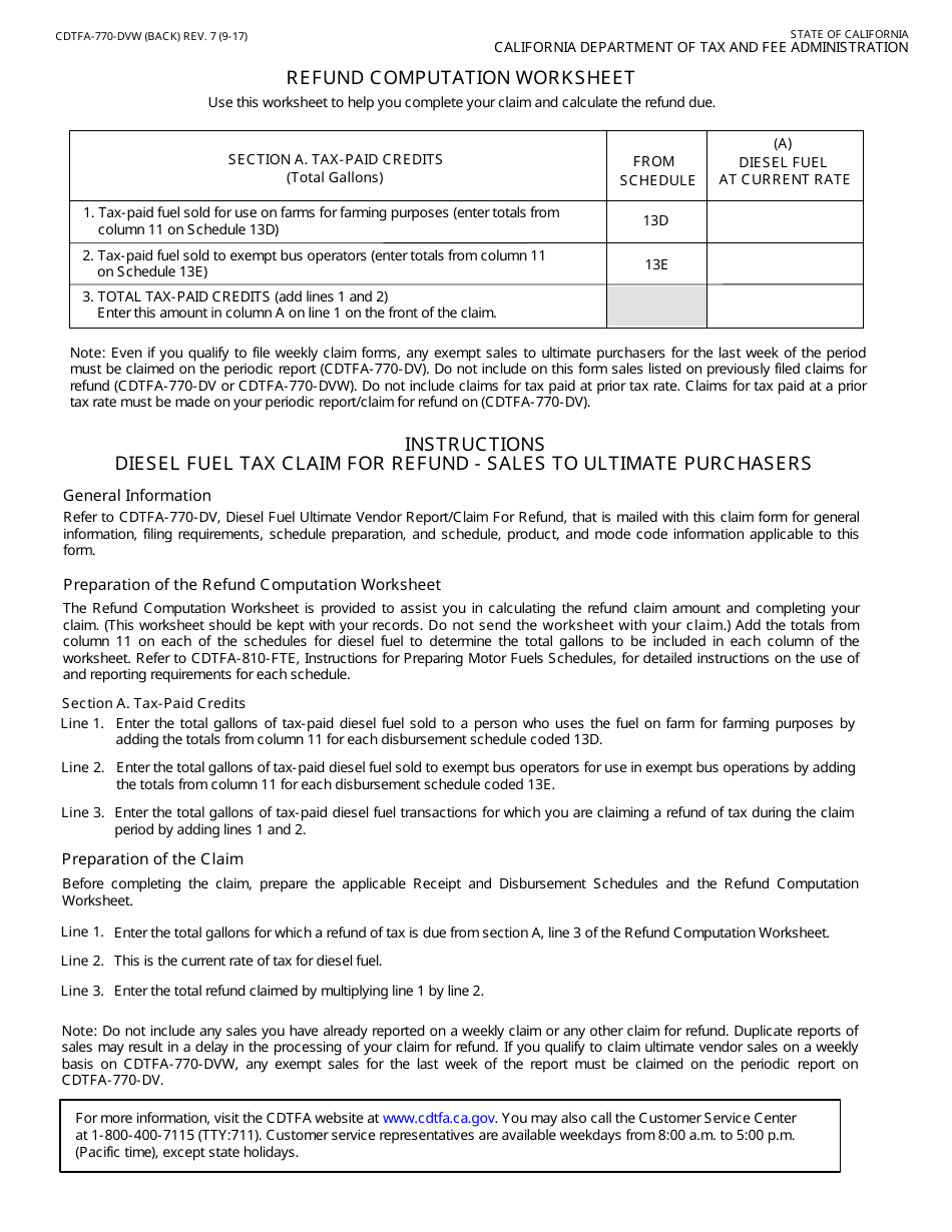 Form CDTFA-770-DVW Diesel Fuel Tax Claim for Refund - Sales to Ultimate Purchasers - California, Page 2