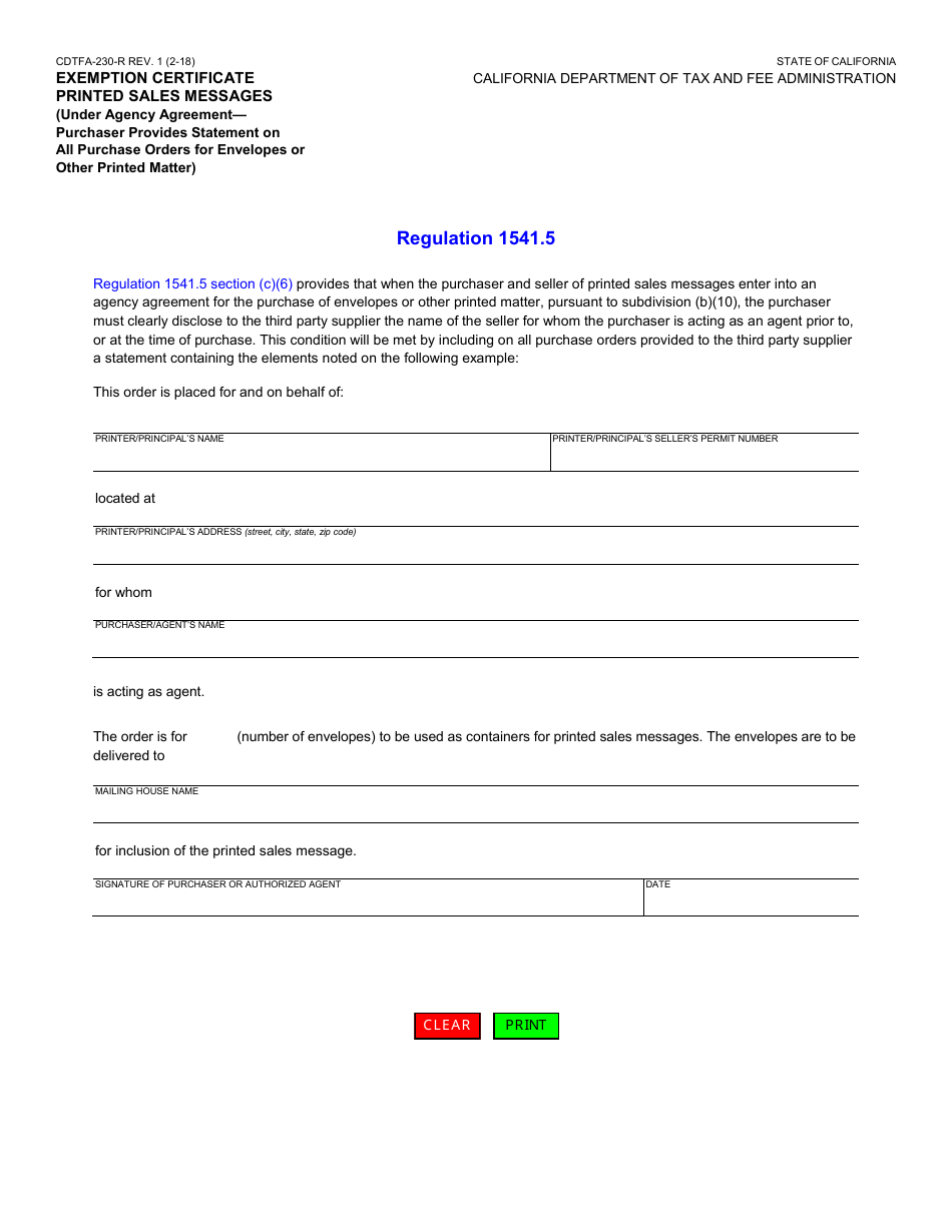 Form CDTFA-230-R Exemption Certificate - Printed Sales Messages (Under Agency Agreement - Purchaser Provides Statement on All Purchase Orders for Envelopes or Other Printed Matter) - California, Page 1