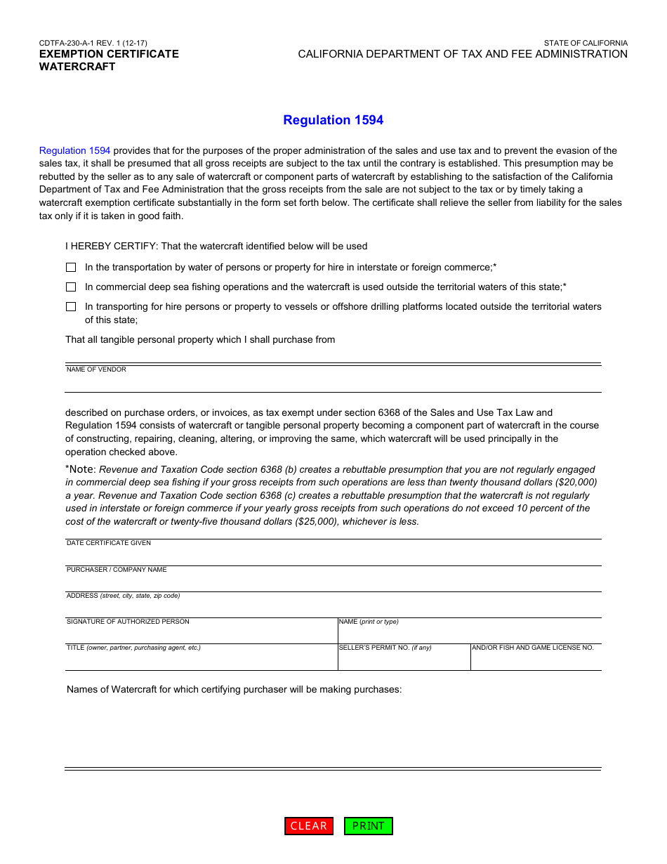 Form CDTFA-230-A-1 Exemption Certificate - Watercraft - California, Page 1