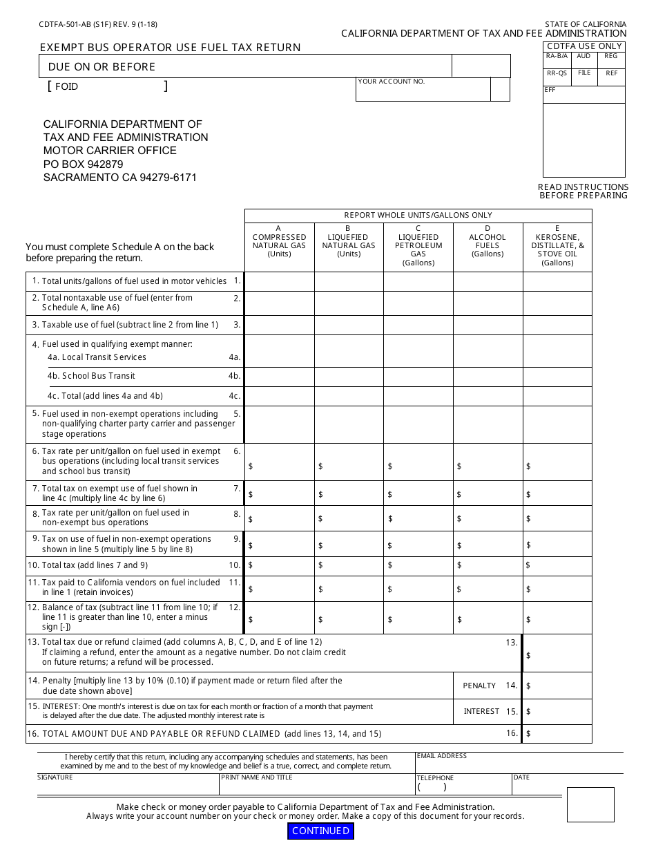 Form CDTFA-501-AB Exempt Bus Operator Use Fuel Tax Return - California, Page 1
