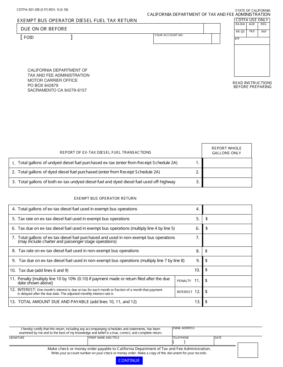Form CDTFA-501-DB Exempt Bus Operator Diesel Fuel Tax Return - California, Page 1