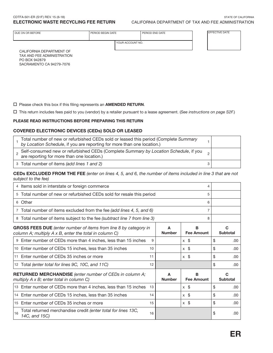 Form CDTFA-501-ER Electronic Waste Recycling Fee Return - California, Page 1
