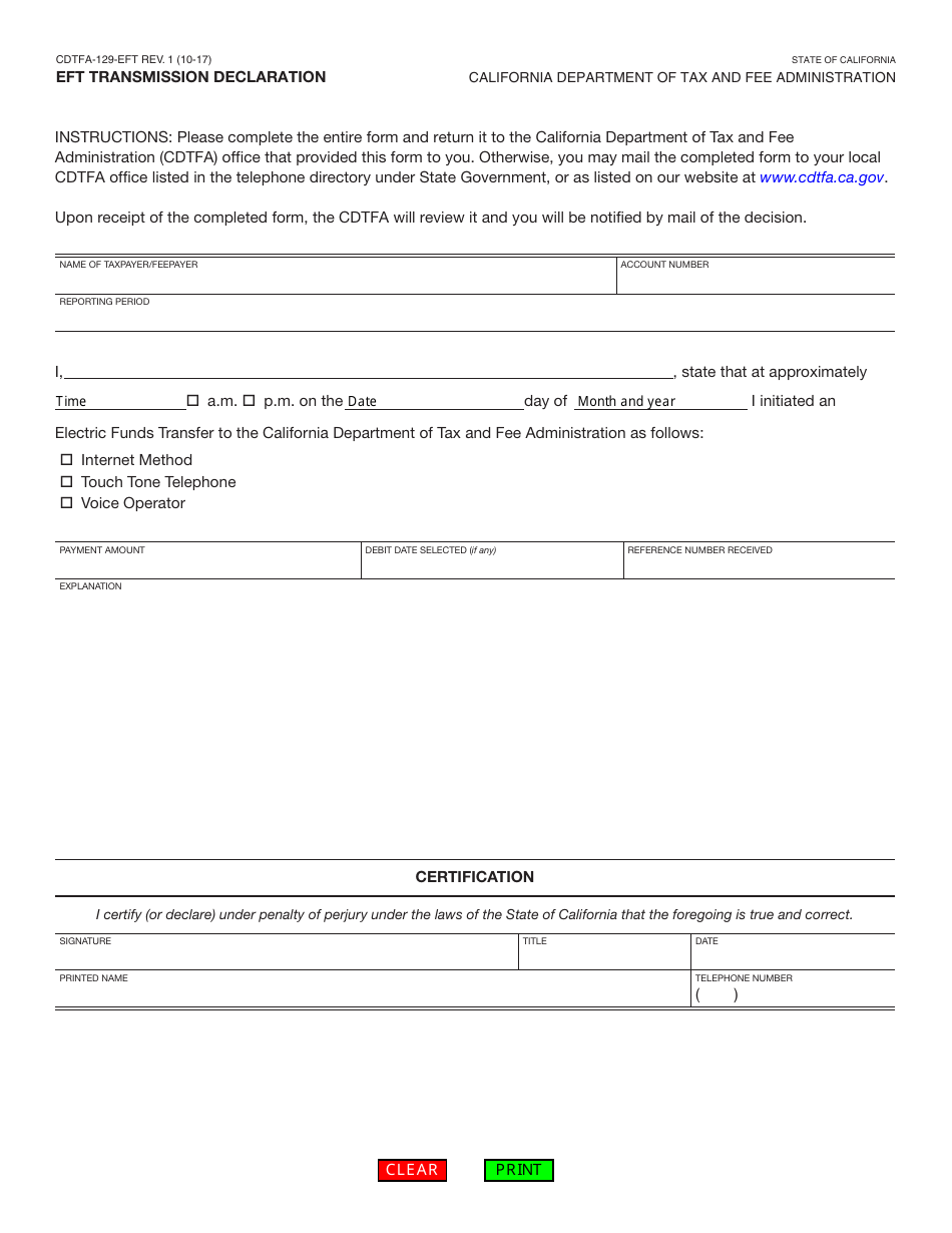 Form CDTFA-129-EFT Eft Transmission Declaration - California, Page 1