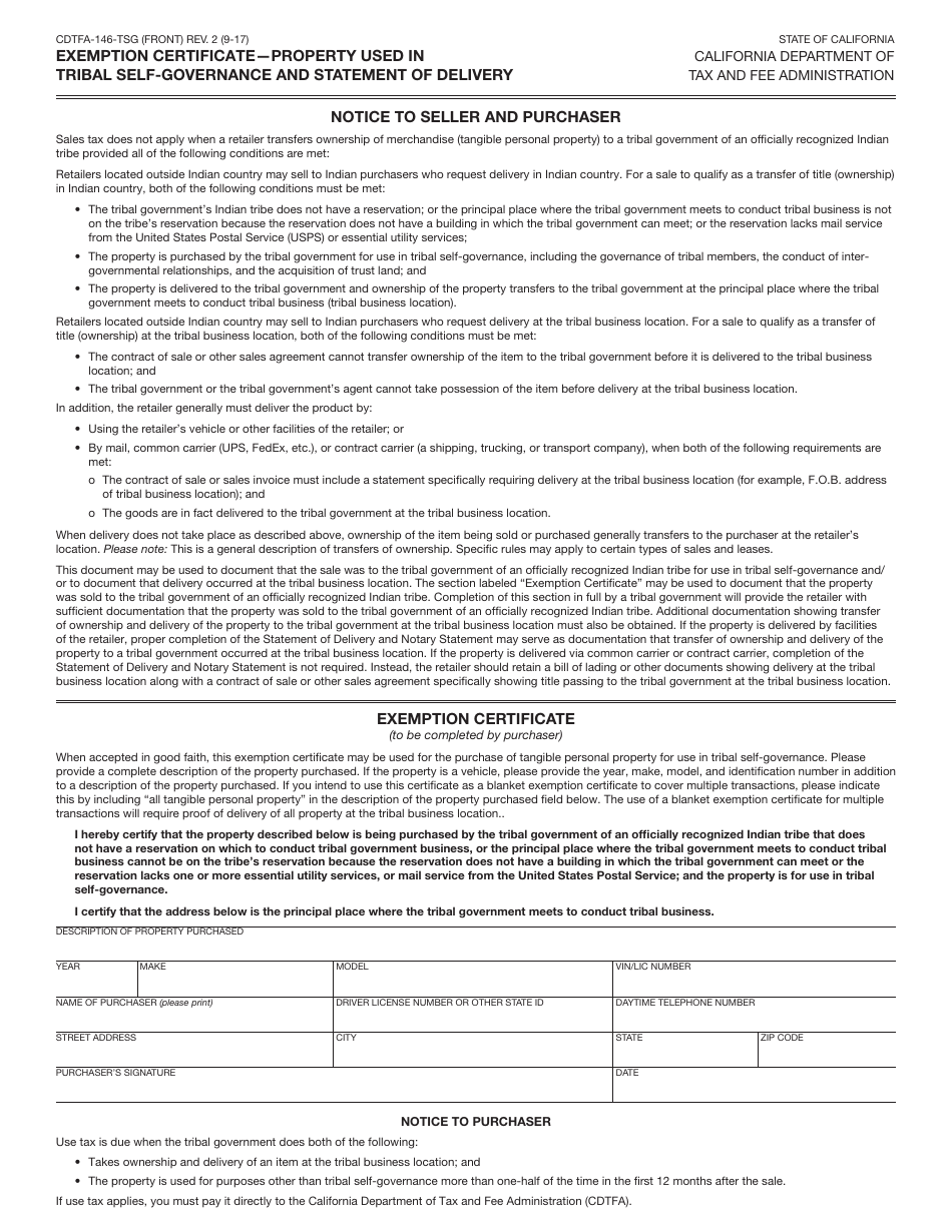 Form CDTFA-146-TSG Exemption Certificate - Property Used in Tribal Self-governance and Statement of Delivery - California, Page 1
