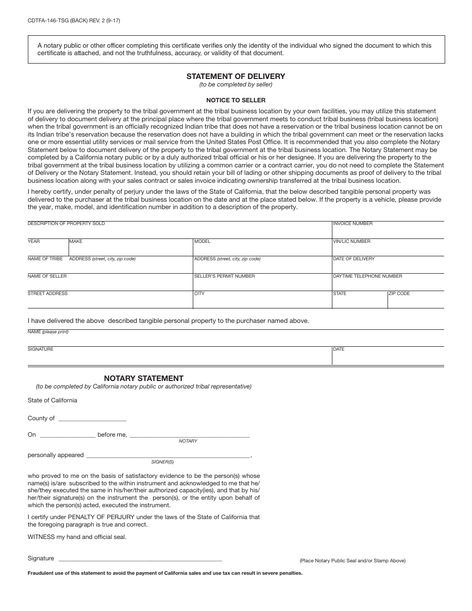 Form CDTFA-146-TSG Exemption Certificate - Property Used in Tribal Self-governance and Statement of Delivery - California, Page 2