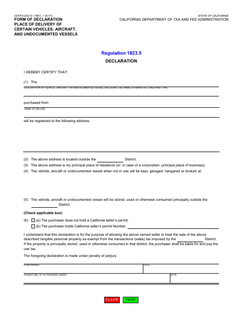 Form CDTFA-230-O-1 Form of Declaration - Place of Delivery of Certain Vehicles, Aircraft, and Undocumented Vessels - California