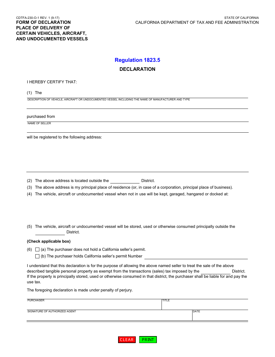 Form CDTFA-230-O-1 Form of Declaration - Place of Delivery of Certain Vehicles, Aircraft, and Undocumented Vessels - California, Page 1