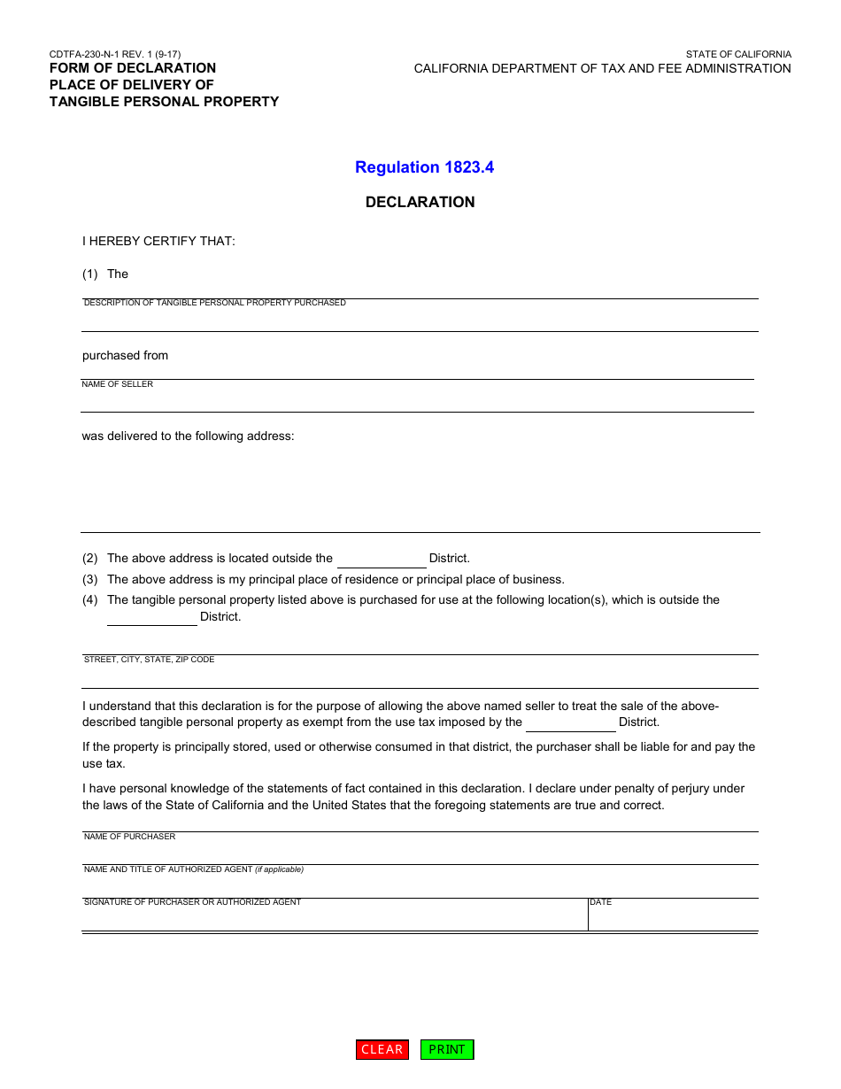 Form CDTFA-230-N-1 Form of Declaration - Place of Delivery of Tangible Personal Property - California, Page 1