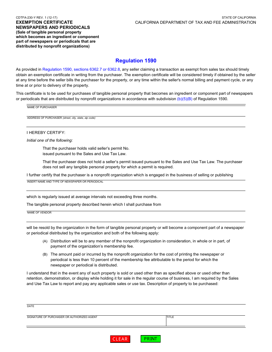 Form CDTFA-230-Y Exemption Certificate Newspapers and Periodicals (Sale of Tangible Personal Property Which Becomes an Ingredient or Component Part of Newspapers or Periodicals That Are Distributed by Nonprofit Organizations) - California, Page 1