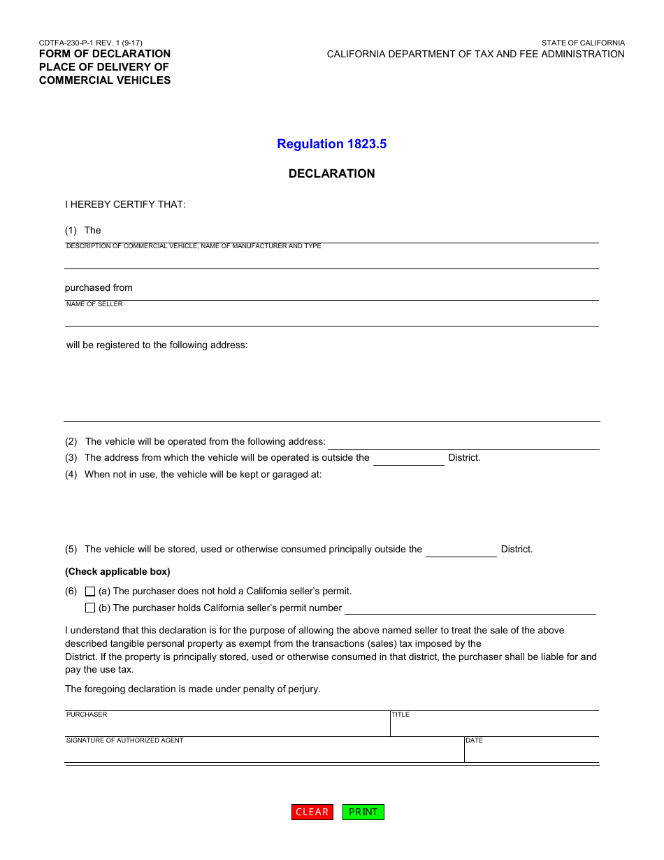 Form CDTFA-230-P-1 Form of Declaration Place of Delivery of Commercial Vehicles - California, Page 1