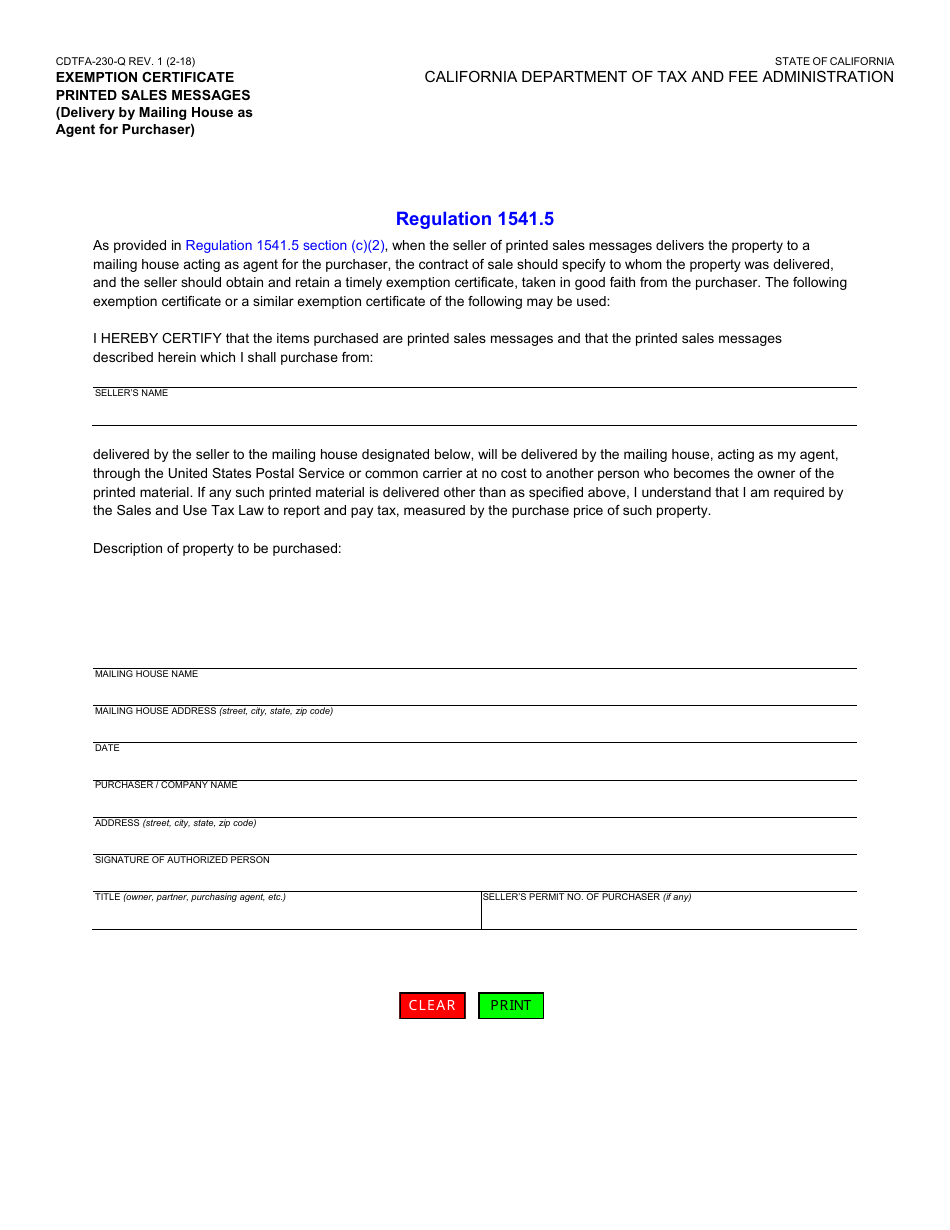 Form CDTFA-230-Q Exemption Certificate - Printed Sales Messages (Delivery by Mailing House as Agent for Purchaser) - California, Page 1