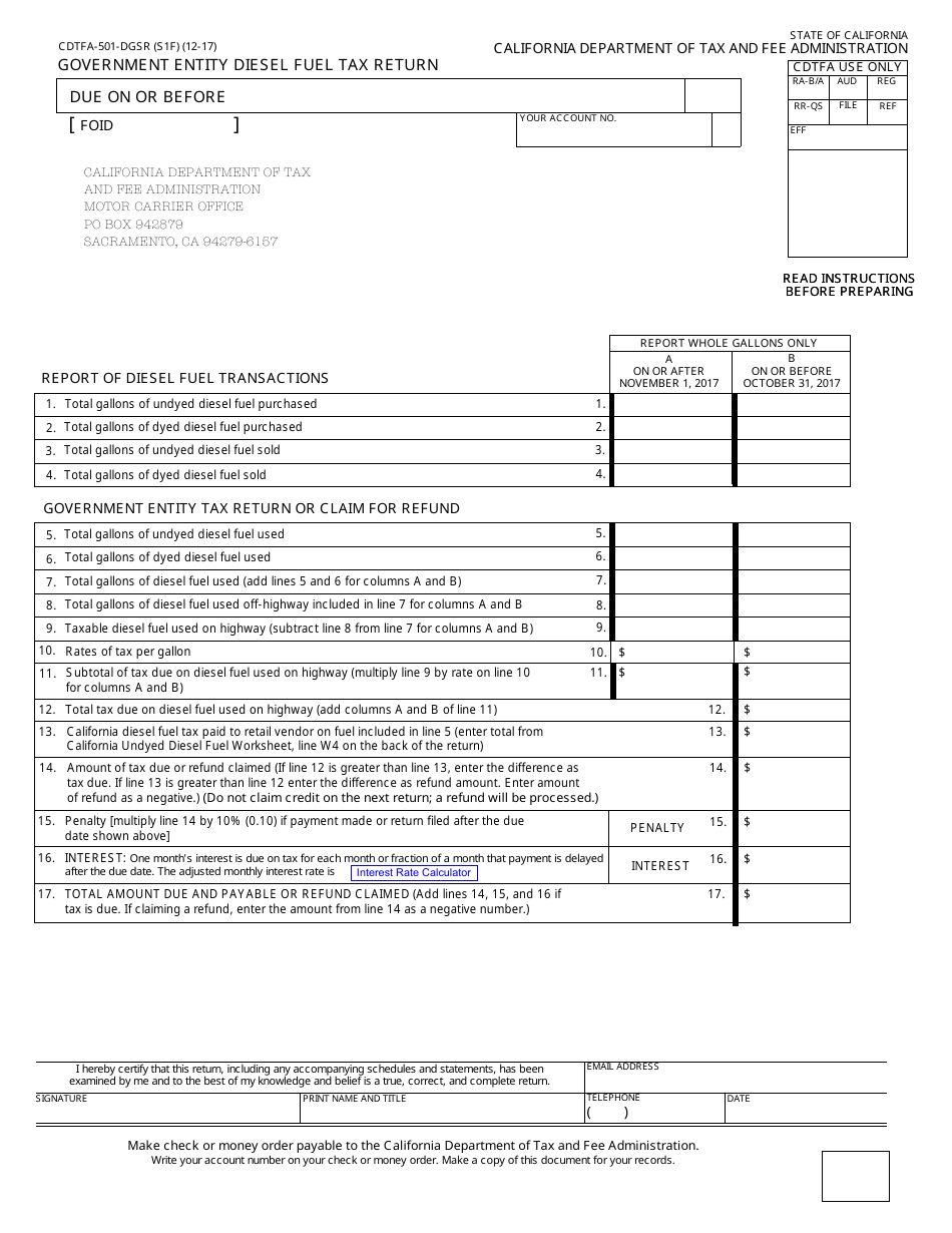 Form CDTFA-501-DGSR Government Entity Diesel Fuel Tax Return - California, Page 1