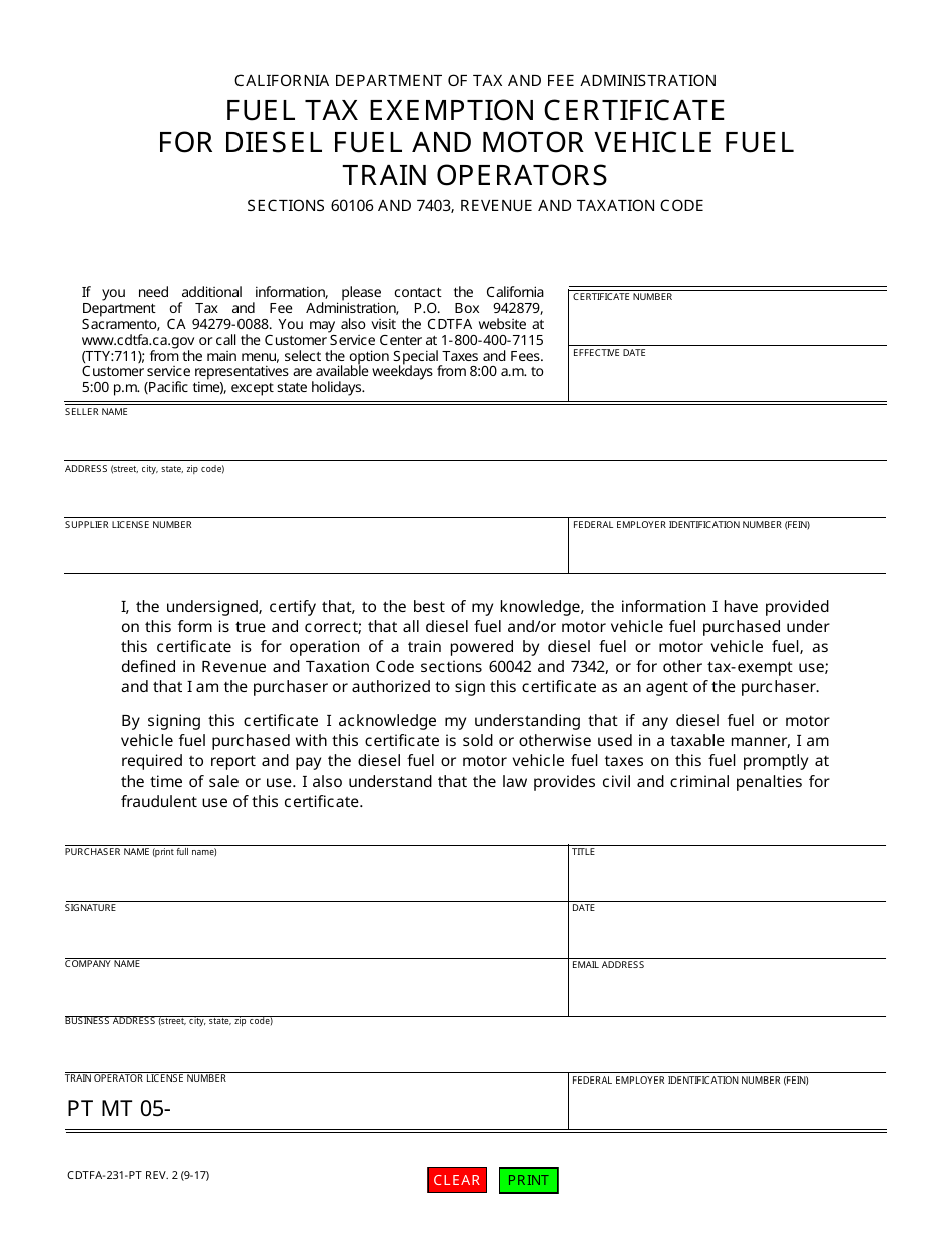 Form CDTFA-231-PT Fuel Tax Exemption Certificate for Diesel Fuel and Motor Vehicle Fuel Train Operators - California, Page 1