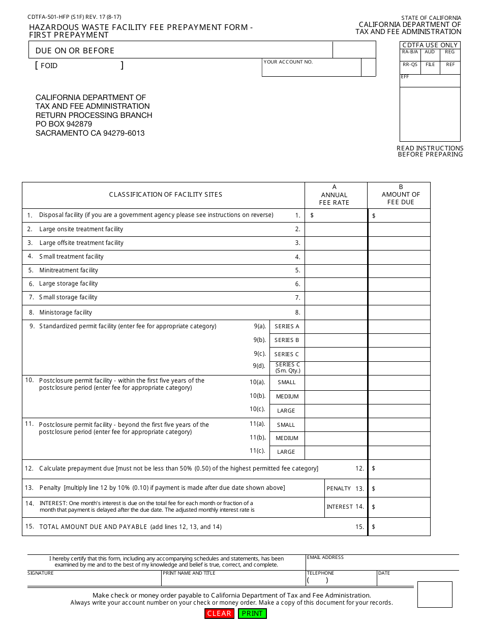 Form CDTFA-501-HFP Hazardous Waste Facility Fee Prepayment Form - First Prepayment - California, Page 1