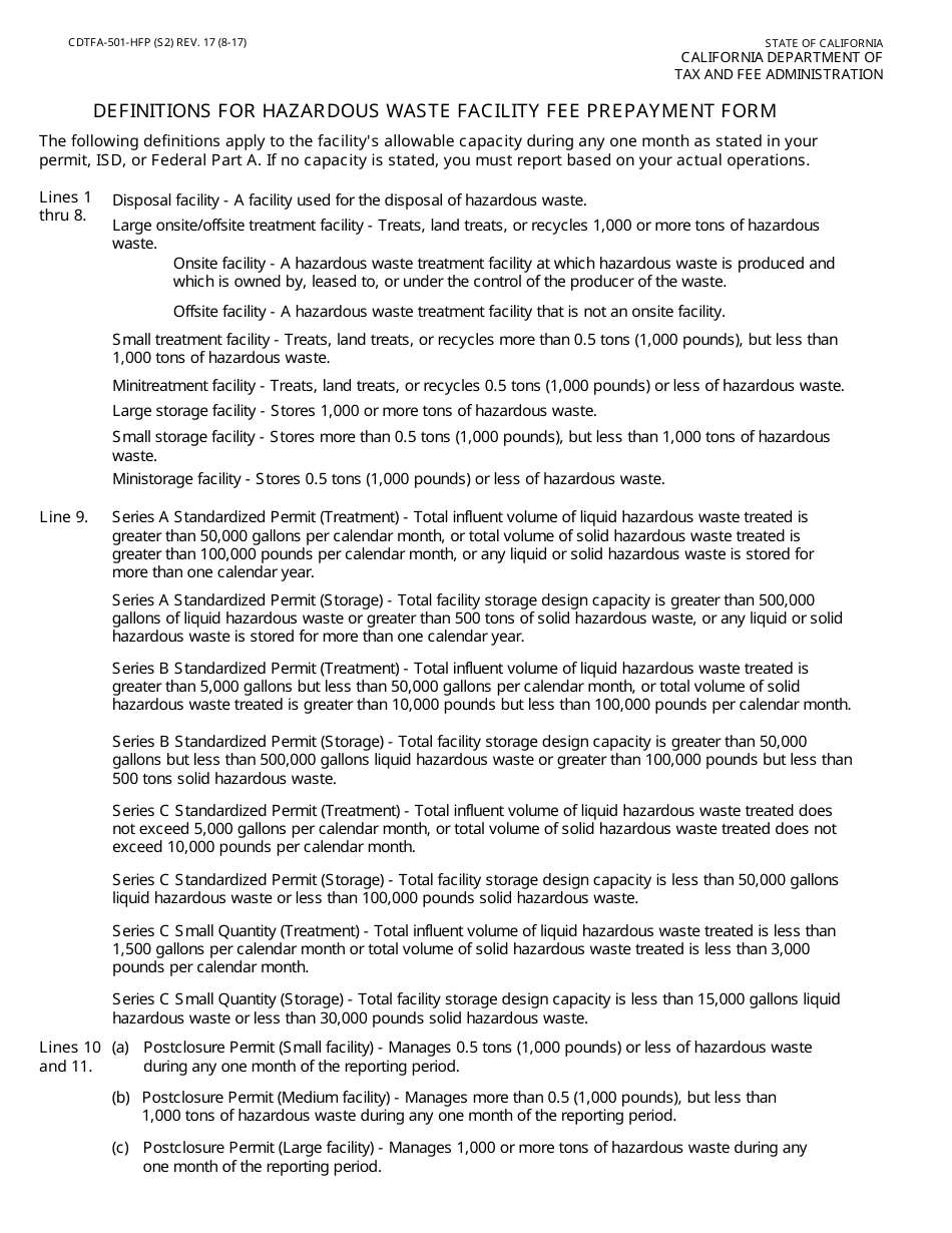 Form CDTFA-501-HFP Hazardous Waste Facility Fee Prepayment Form - First Prepayment - California, Page 3