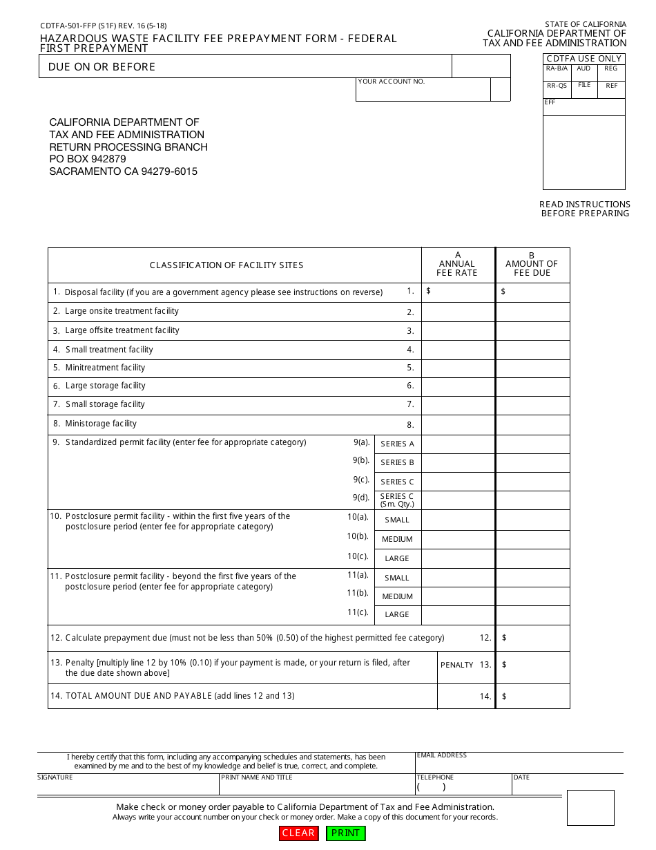 Form CDTFA-501-FFP Hazardous Waste Facility Fee Prepayment Form - Federal First Prepayment - California, Page 1
