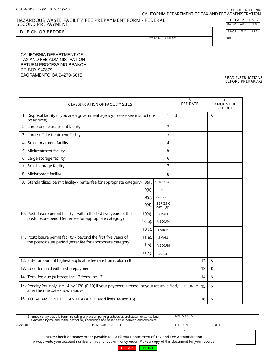 Form CDTFA-501-FFP2 Hazardous Waste Facility Fee Prepayment Form - Federal Second Prepayment - California, Page 1
