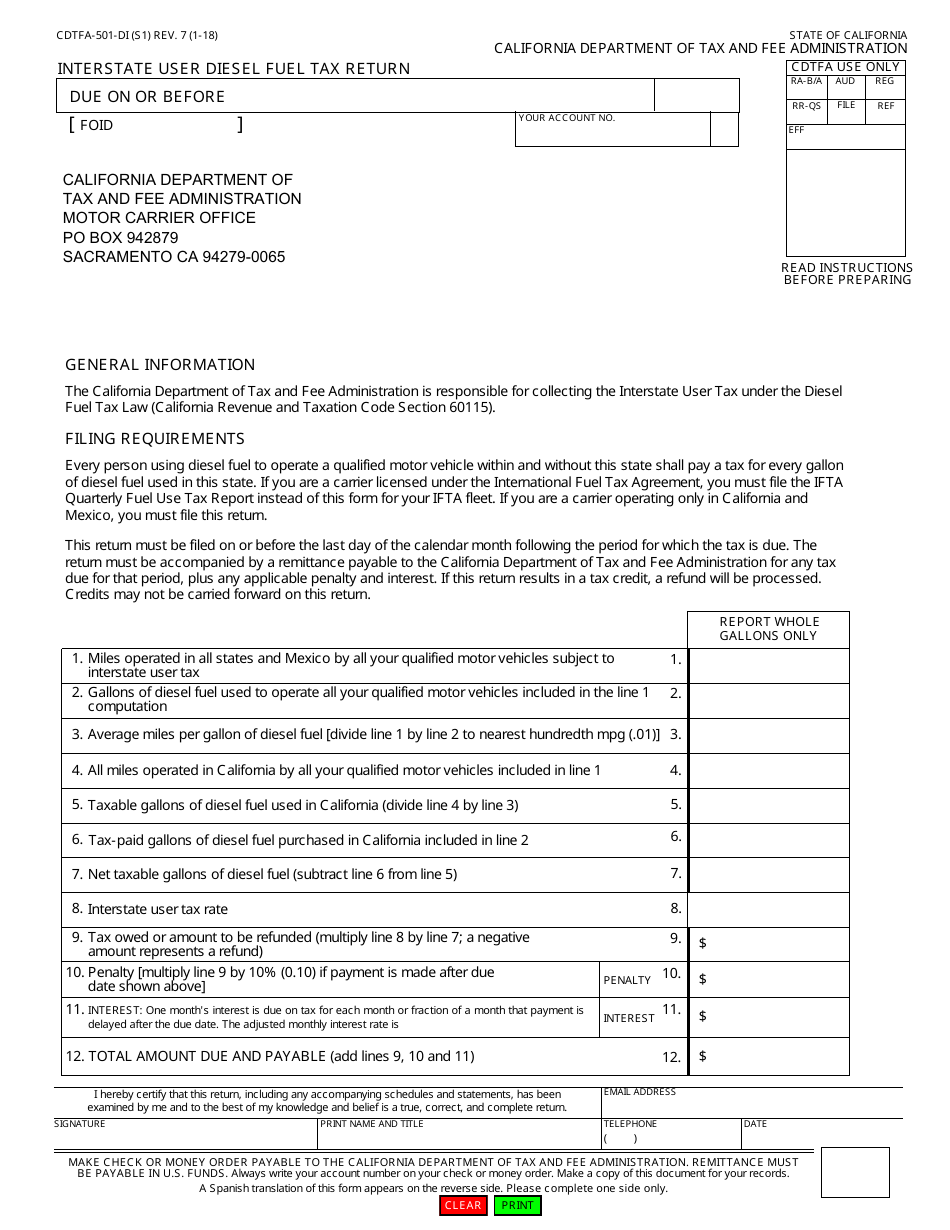 Form CDTFA-501-DI Interstate User Diesel Fuel Tax Return - California, Page 1