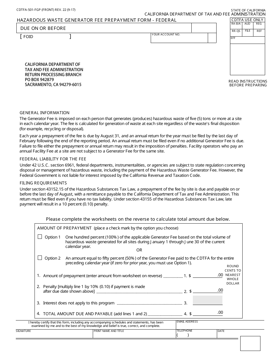 Form CDTFA-501-FGP Hazardous Waste Generator Fee Prepayment Form - Federal - California, Page 1