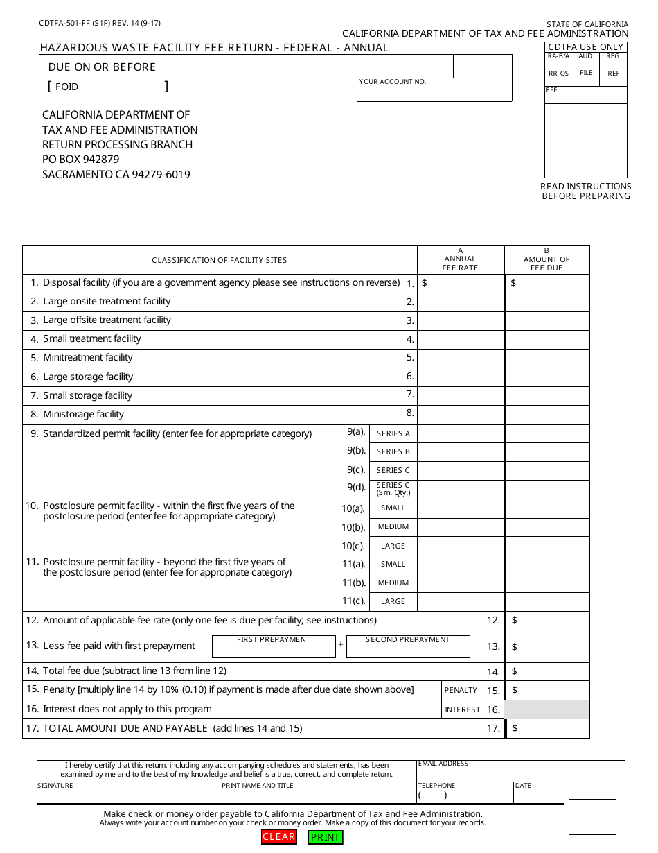 Form CDTFA-501-FF Hazardous Waste Facility Fee Return - Federal - Annual - California, Page 1