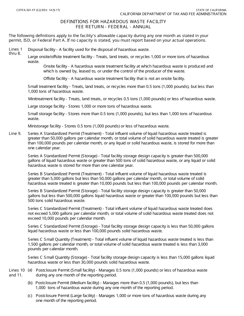 Form CDTFA-501-FF Hazardous Waste Facility Fee Return - Federal - Annual - California, Page 3