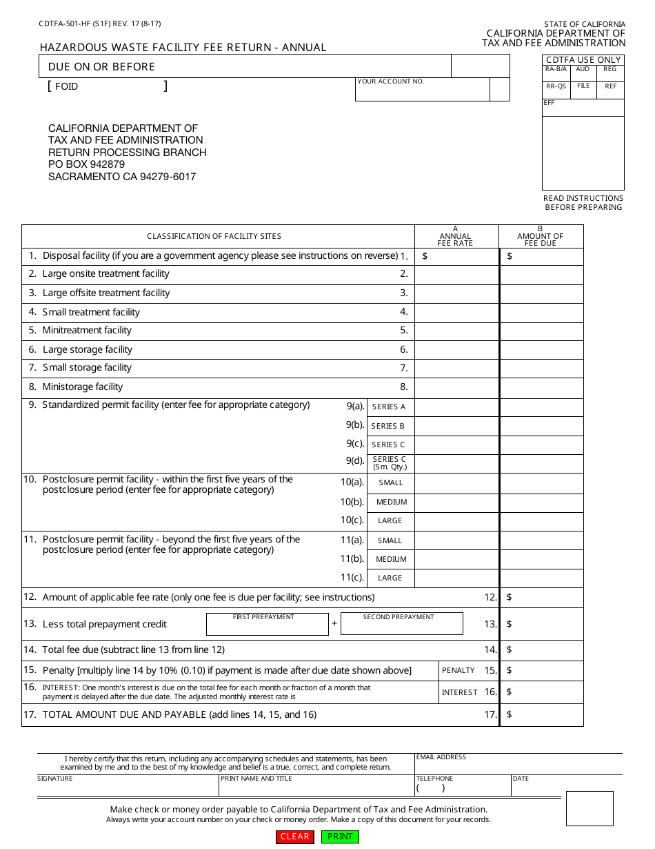 Form CDTFA-501-HF Hazardous Waste Facility Fee Return - Annual - California, Page 1